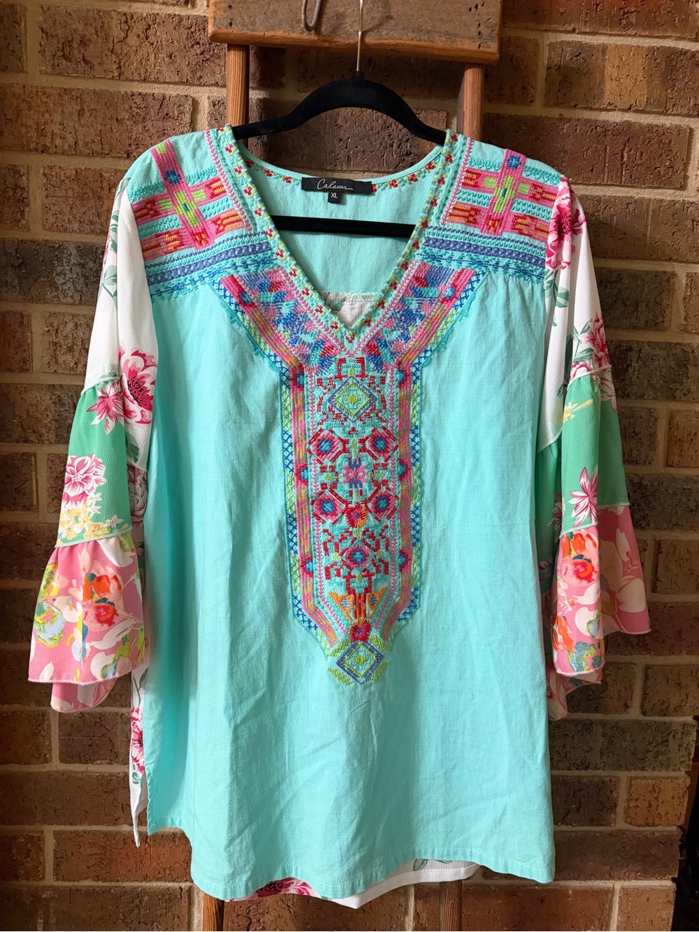 Embroidered V-Neck Tunic with Floral Sleeve Panels